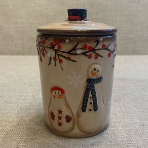 Vintage LTD Commodities snowman ceramic canister jar with lid.